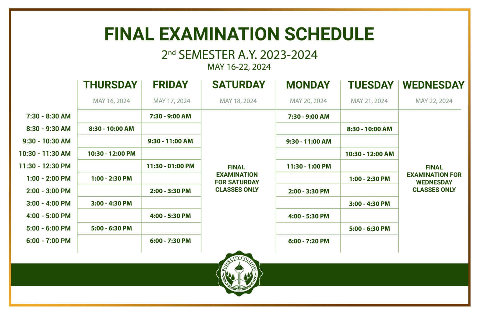 2ND SEMESTER A.Y. 2023-2024 FINAL EXAMINATION SCHEDULE – Pines City ...